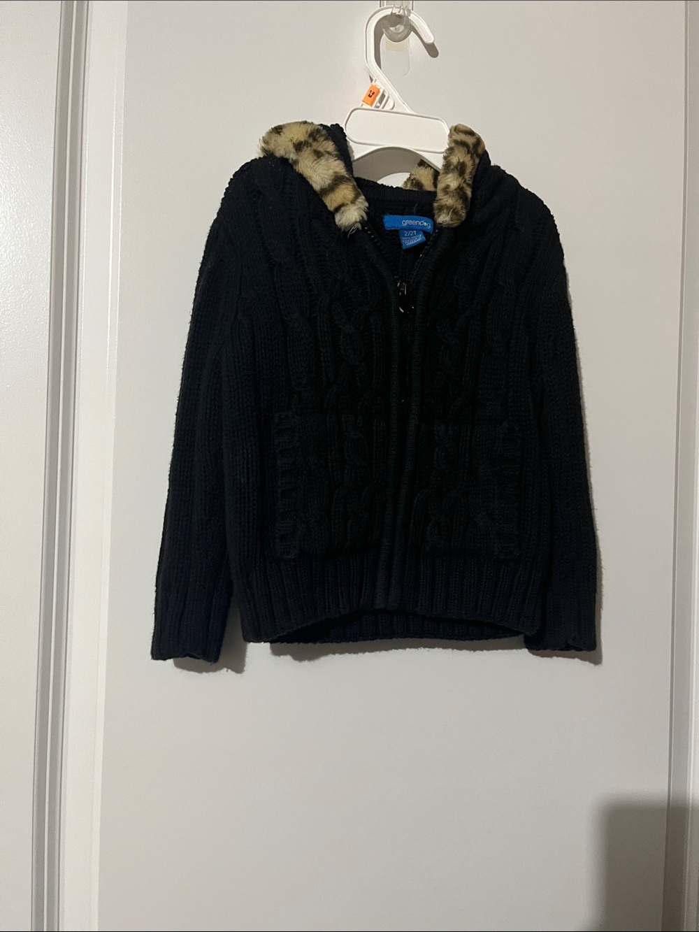 greendog Black Cable-Knit Puffer Jacket with Leopard-Print Faux Fur Trim